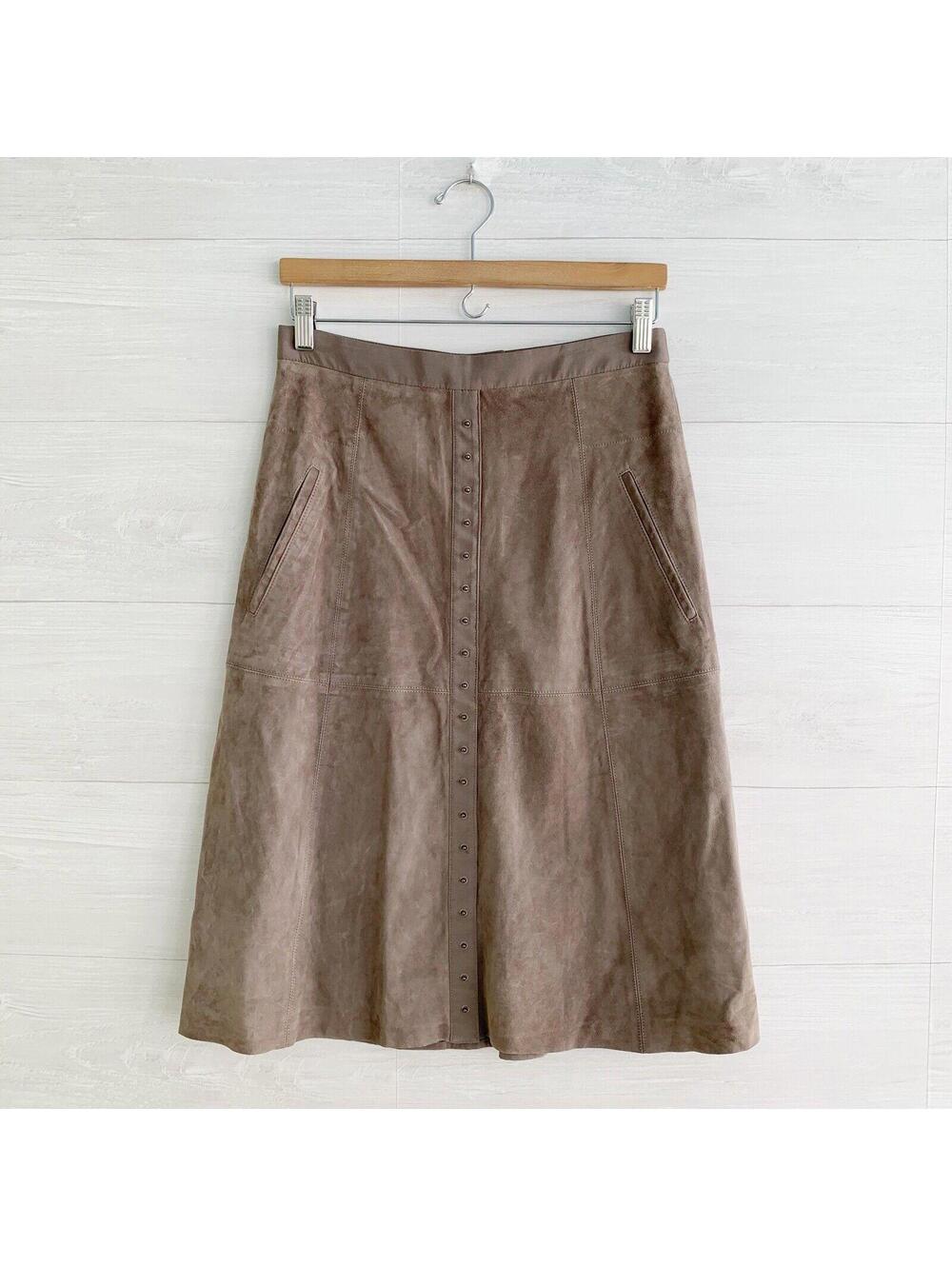 NWT Halston Heritage Taupe Gray Lamb Suede A-Line Midi Skirt Size 2